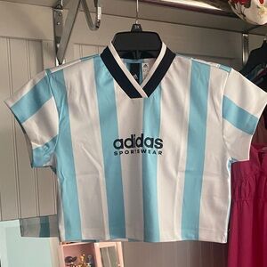 Adidas Light Blue & White Striped Womens Cropped Sports Tee